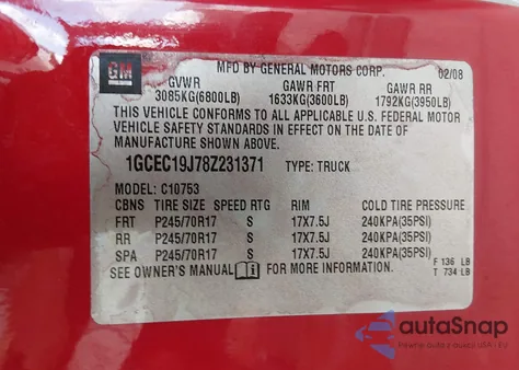 2008 Chevrolet Silverado 1500 Lt1 from USA, damaged, VIN 1GCEC19J78Z231371